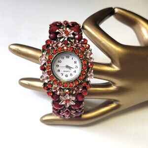 Red Floral Rhinestone Watch Cuff Band Round Face Ornate Fashion Watch - NEW !